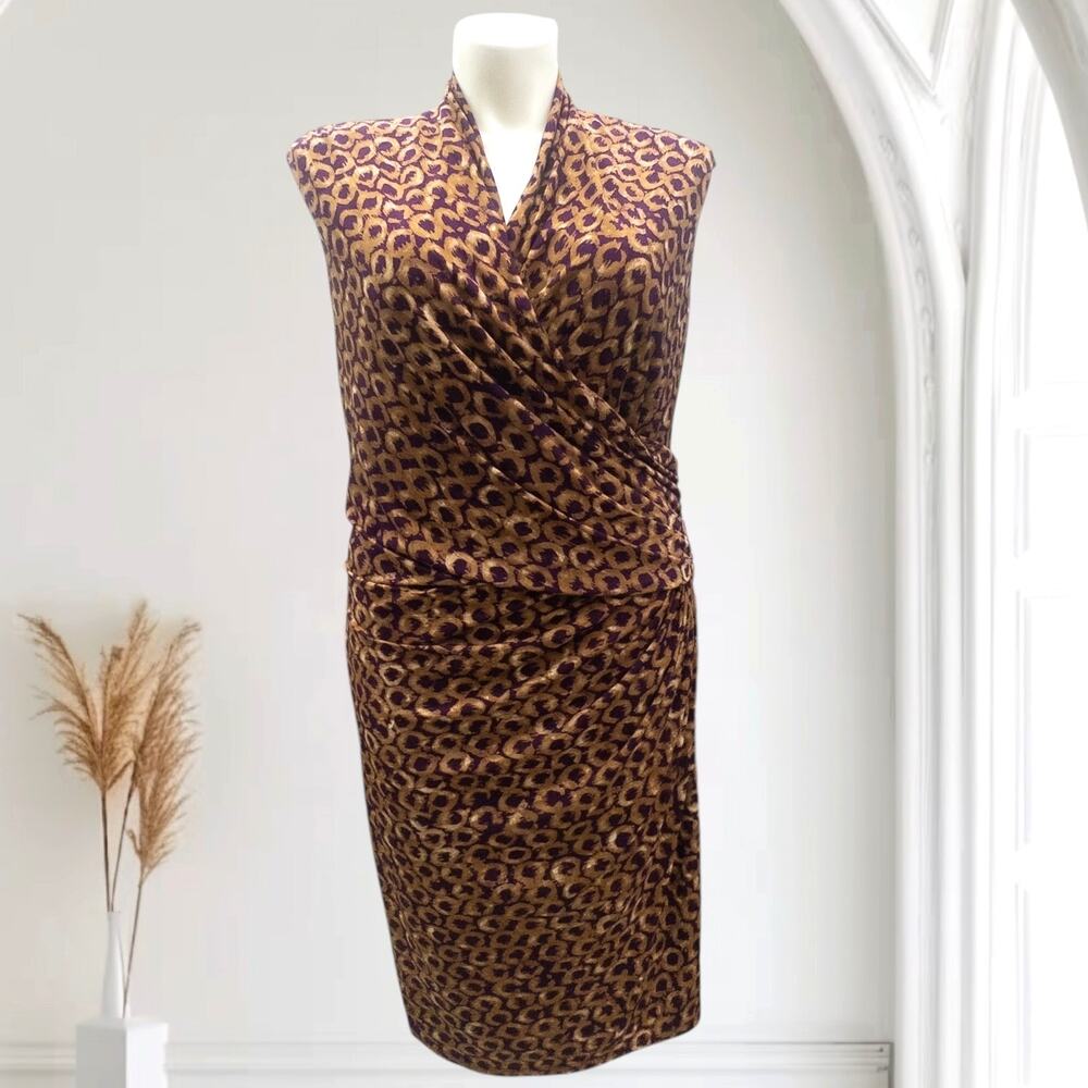Lauren Ralph Lauren Animal Print Ruched Surplice Dress Purple Tan Women's 16W